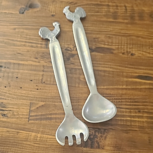 Pewter Silver Rooster Handle Salad Servers - Picture 1 of 7